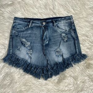 Elite Jeans Distressed Daisy Duke Fringe High Rise Wedgie Denim Jean Shorts